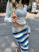 ブルーストライプドロングスリットスカート