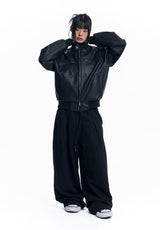 High Neck Leather Crop Jacket - Black