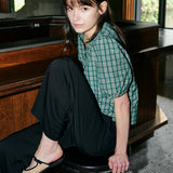 Check V neck Blouse Green