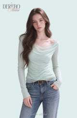 Mint chiffon mesh shirring long-sleeve tee