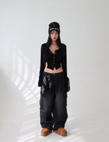 [UNISEX] シルバーカーゴバックバンドデニムワイドパンツ