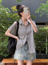 #リコチェックロールアップ半袖シャツ(3color)