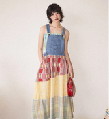 Chemical Girls Elastic waist A-line denim patchwork long strap dress