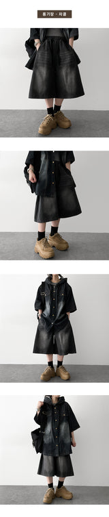 [Basic & long] Ichi banding side pintuck pleated denim Bermuda shorts