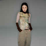 Retro fountain print coffee color stitching knitted contrast mesh bottom