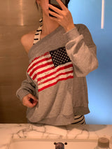 Western American Flag One-Off Shoulder Sweatshirt (6c)