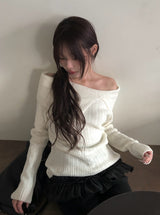 Fuzz Collar Rib Off-Shoulder Slit Long Sleeve Knit