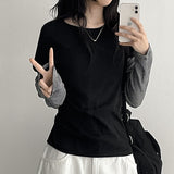 アート ストライプ レイヤード ロング スリーブ Tシャツ (5 colors)