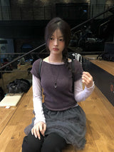 コージーUネックレイヤードキャップショートスリーブウールニット