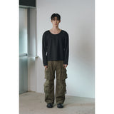 Brushed crop u neck long sleeves(Black)