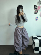 INSIDE FLEECE❤NYLON PARACHUTE POCKET PALE COLOR LONG PANTS💜🖤🩶3COLOR