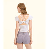 [GirlyFancyClub] Laisel knitted flutter sleeve top white slim fit sexy backless sweet and spicy T-shirt