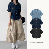 Slim Fit Short-Sleeved Denim Shirt Stitch Point Collar Blue Shirt (3 colors)