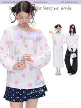 BETWEENAND "Berry Holiday" Summer Colorblock Polka Dot Striped Loose Sun Protection Long Sleeve Cover-Up Top