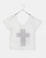 チェッキングクロススタッドシースルーVネックショートスリーブTシャツ