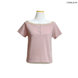 (3color) Wave Braided Neck Off-Shoulder Short Sleeve Tee