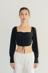 RIBBON SQUARE NECK CROP BLOUSE / BLACK