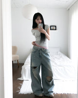 コーツ リバース ダメージ ワイド デニム パンツ
