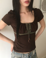 Kuro Vintage Shirring Lace Short-Sleeved T-Shirt
