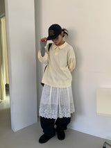 クカルレースレイヤードバンディングミディスカート