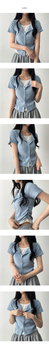 Dove Side Shirring Pleated Layered Snap Short-Sleeved Cardigan T-Shirt