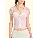 [GirlyFancyClub] French Girl Lace U-neck Pure Sweet Girl Pink Plaid Top Summer