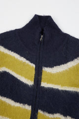 Wavy color block wool zip-up knit