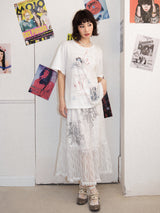 Vintage lace print high-waisted skirt
