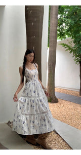 Blue Flower Cotton Sleeveless Long Dress