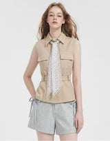 Celine Dot Scarf Linen Sleeveless Blouse Beige