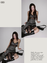 Black Checkered Lace Unbalanced Sleeveless Long Dress
