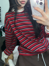 STRIPE OVER BOXY BOYFRIEND LONG SLEEVE T SHIRT ❤💚🩵🧸4COLOR