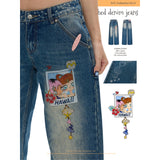 BETWEENAND Summer Star Polka Dot Patchwork Retro Slim-Fit Washed Blue Jeans