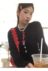 レッドボウスリットロングスリーブニットシャツ