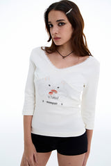 Rabbit Lace V-Neck Tee [White]