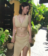 [ 2-piece / leg cover ] nutty beige full strap bikini