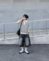 Windy Buckle Stripe Collar Short Sleeve Knit