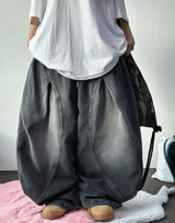 KOREAN / KEYRING / STRING 🩵 FRONT SLIT BALLOON JOGGER DENIM WIDE LONG PANTS 🩵🖤 - 2 COLORS