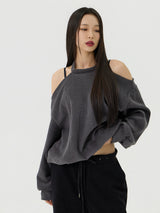 Cutout Halter Neck Sweat Long T-Shirt, Charcoal