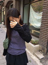シャバニンストライプヘンリーネック長袖Tシャツ