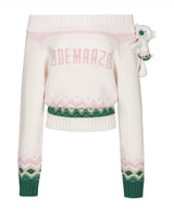 13DE MARZO Fair Isle Bear Off Shoulder Sweater Beige