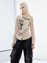 Emoha original design OD hot girl トランペットスリーブ レタープリント ウエスト パンクプリント ロックレトロシャツ