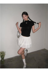 ハーフタートルネックブラックリボンショートスリーブtシャツ