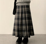 Uni Classic Back Banding Check Pleated Long Skirt