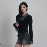 C HOOK OPEN SHIRT LAYERED TOP_BLACK