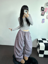 INSIDE FLEECE❤NYLON PARACHUTE POCKET PALE COLOR LONG PANTS💜🖤🩶3COLOR