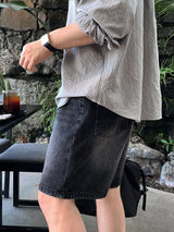 Look Pierre Vintage Washed Back Banding Wide Denim Half Pants