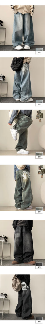 ネンティバッグプリントウォッシングワイドデニムパンツ