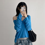 U-neck long-sleeve T-shirt + tank top set, tank V-neck knit set (4 colors)