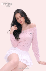 Pink dot unbalanced shoulder top